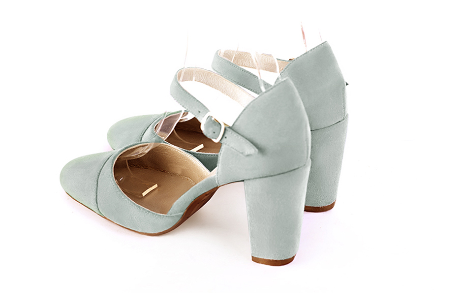 Women's aquamarine blue elegant closed-back heels, with an instep strap. Round toe. High block heels - Rear view